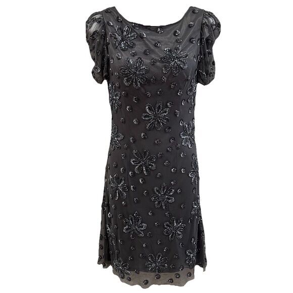Chaudry Dress Women Small Grey Floral Sequin Knee Length Lined Evening‎ Formal - Picture 1 of 13